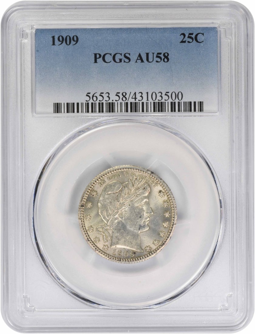 1909 Barber Silver Quarter - PCGS AU58: 1909 Barber Silver Quarter - PCGS AU58 Experience the charm of America's early 20th century with this stunning 1909 Barber Silver Quarter, certified by PCGS as AU58. Mintage limited to just 9.268 mill