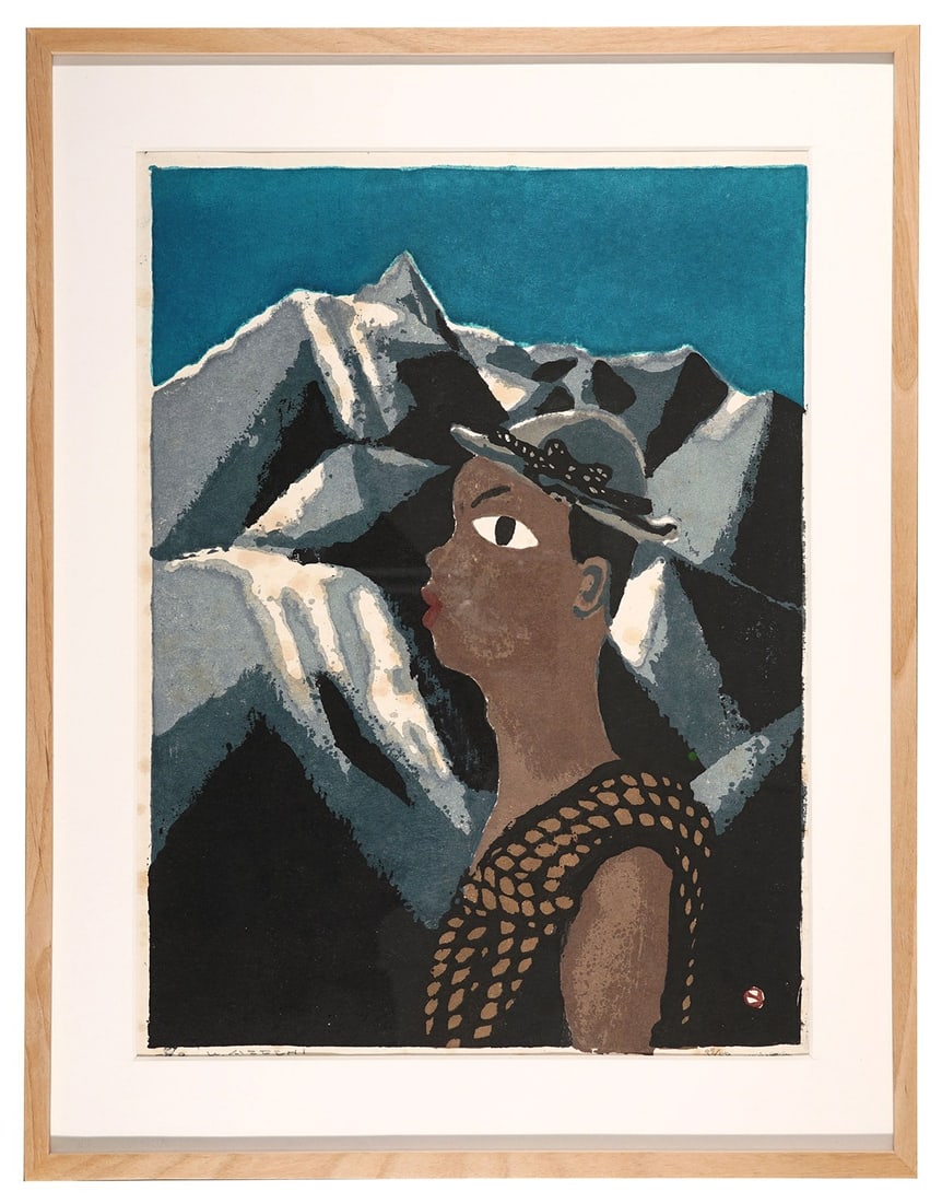 autographed Azechi Umetaro woodblock print person mountains landscape japanese: autographed Azechi Umetaro woodblock print person mountains landscape japanese A stunning vintage woodblock print by renowned Japanese artist Azechi Umetaro, created in the post-war era, captures the