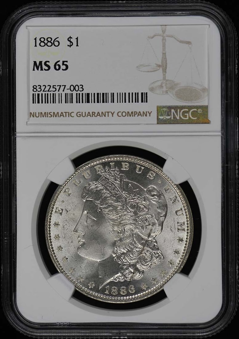 NGC MS65 1886 Morgan Dollar $1: NGC MS65 1886 Morgan Dollar $1 Experience the majesty of American numismatics with this exquisite 1886 Morgan Dollar, certified by NGC and graded MS65. As one of the most iconic coins in US history, t