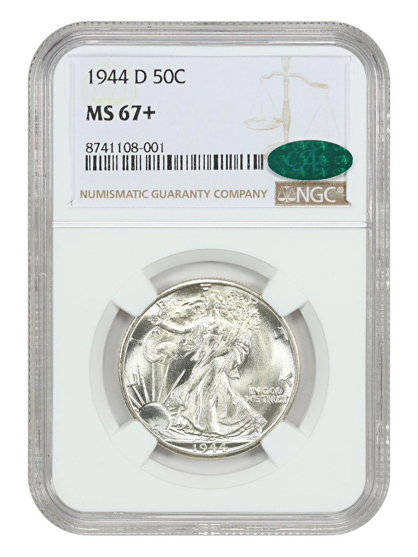 1944-D Walking Liberty Half Dollar MS67+, NGC/ CAC: 1944-D Walking Liberty Half Dollar MS67+, NGC/ CAC A rare gem from the Denver Mint, this 1944-D Walking Liberty Half Dollar boasts a stunning MS67+ grade, indicating exceptional condition and luster.