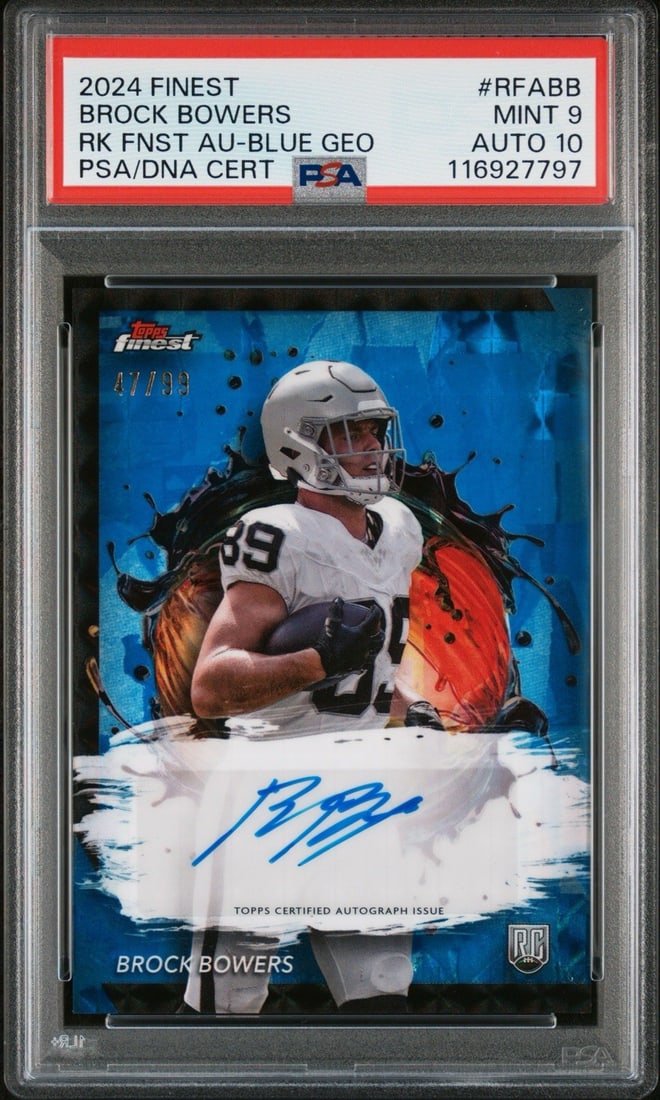 10 2024 TOPPS FINEST BROCK BOWERS #RFABB BLUE GEOMETRIC RC AUTO/ 99 PSA 9 AUTO: 10 2024 TOPPS FINEST BROCK BOWERS #RFABB BLUE GEOMETRIC RC AUTO/ 99 PSA 9 AUTO Get ready to collect a piece of NFL history with this 2024 Topps Finest Brock Bowers rookie card, graded PSA 9 for its ex