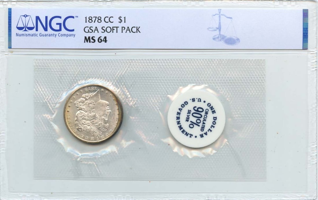 GSA Soft Pack 1878-CC Morgan Dollar MS64 $1 NGC: GSA Soft Pack 1878-CC Morgan Dollar MS64 $1 NGC Experience the beauty of the 1878-CC Morgan Dollar, certified MS64 by NGC, in uncirculated condition. This rare coin is a true gem, boasting stunning de