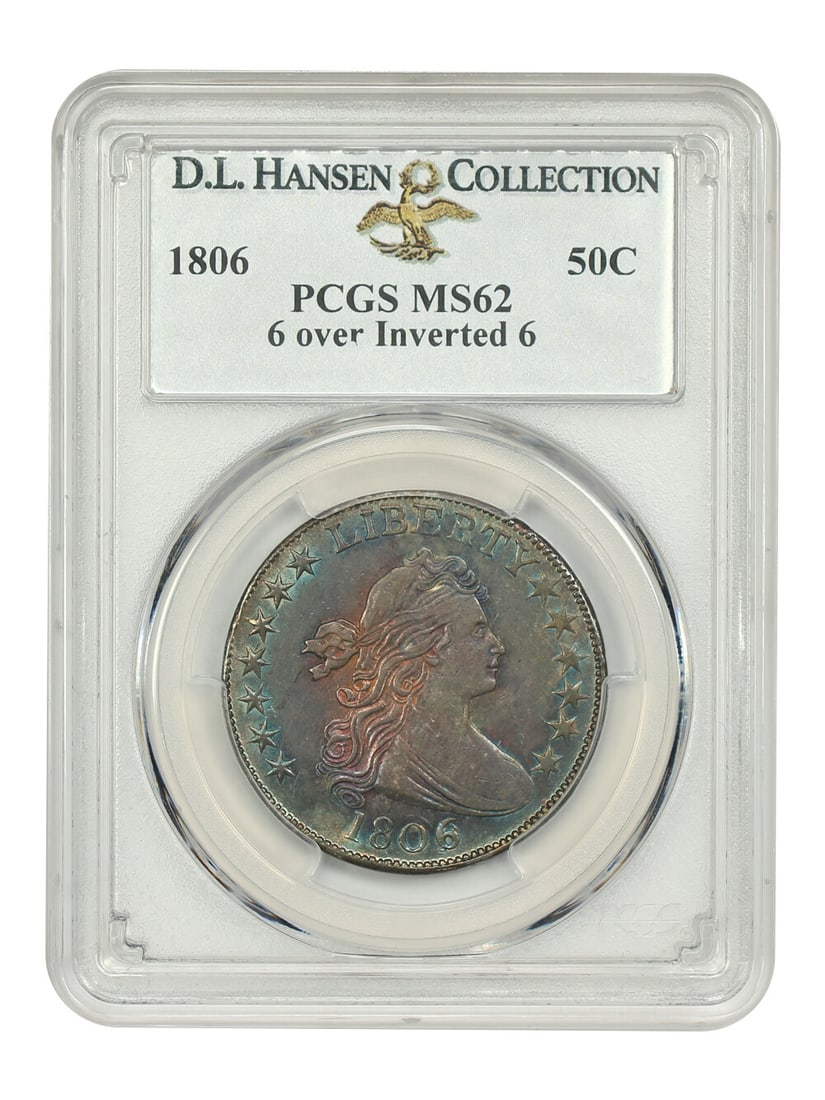 Hansen 1806 50C PCGS MS62 (6 over Inverted 6) ex: D.L.: Hansen 1806 50C PCGS MS62 (6 over Inverted 6) ex: D.L. A rare and highly sought-after 1806 Draped Bust Half Dollar, certified MS62 by PCGS, boasts an impressive 6 over Inverted 6 error, making it a tr