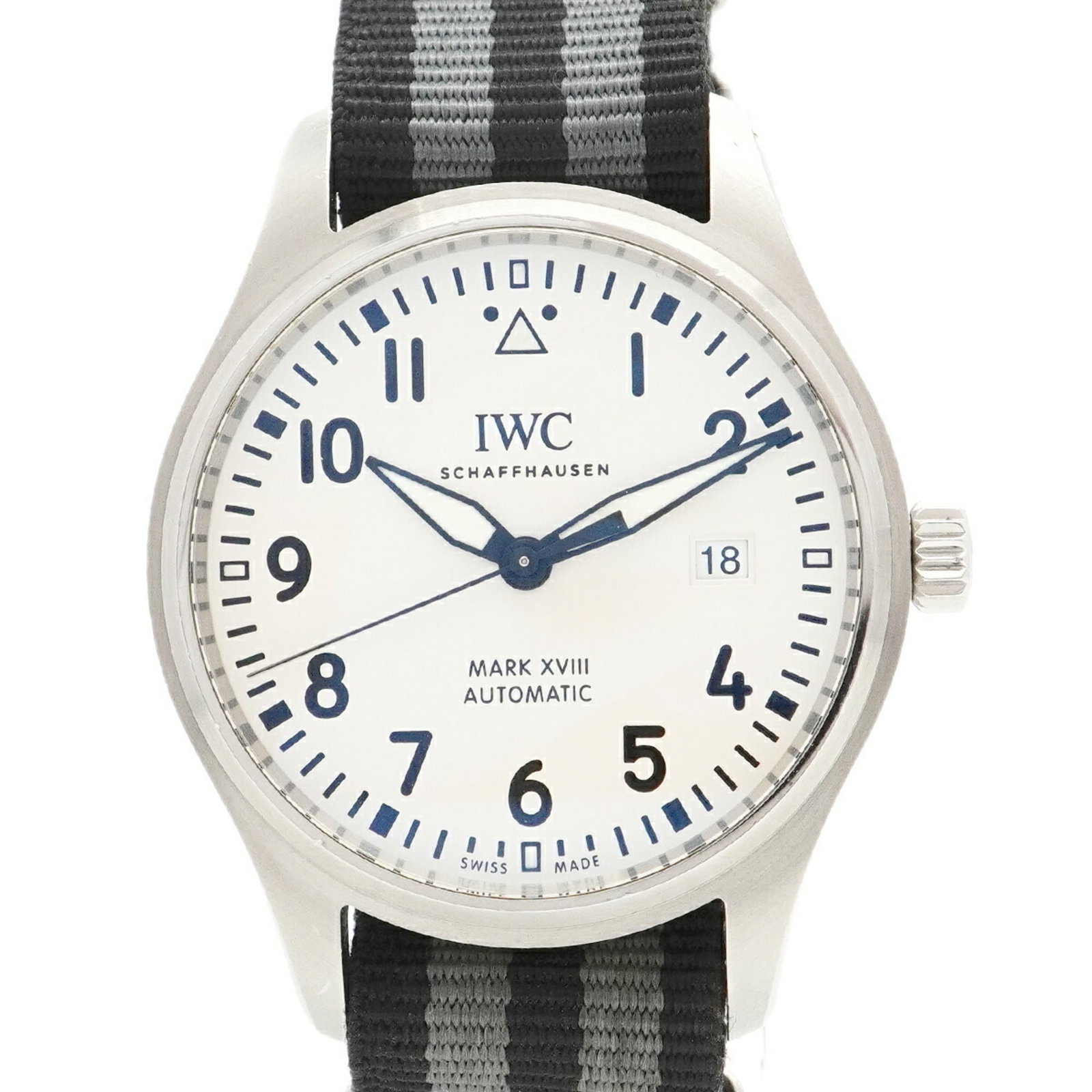 Wristwatch Iwc: Wristwatch Iwc A pre-owned IWC wristwatch with a classic 40mm silver case and nylon band, perfect for those who value timeless style and understated elegance. With its durable construction and reliabl