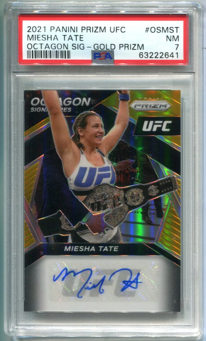 Card Miesha Tate 2021 Panini Prizm UFC Gold Auto #OSMST PSA NM 7: Card Miesha Tate 2021 Panini Prizm UFC Gold Auto #OSMST PSA NM 7 Get ready to add some UFC flair to your collection with this rare Miesha Tate 2021 Panini Prizm Gold Auto card, graded PSA NM 7 and boa