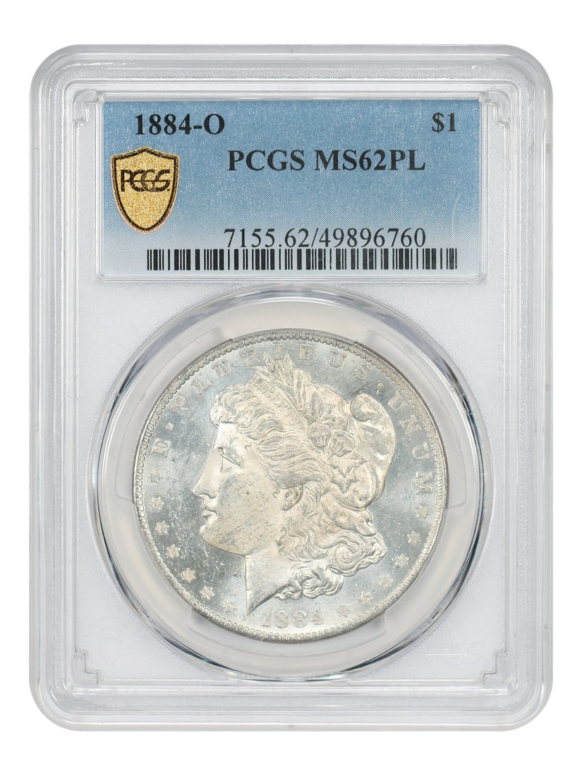 1884-O $1 PCGS MS62PL Morgan Dollar: 1884-O $1 PCGS MS62PL Morgan Dollar Experience the rare beauty of the 1884-O Morgan Dollar, certified by PCGS as MS62PL. This stunning example is one of the finest circulated coins from this series, b