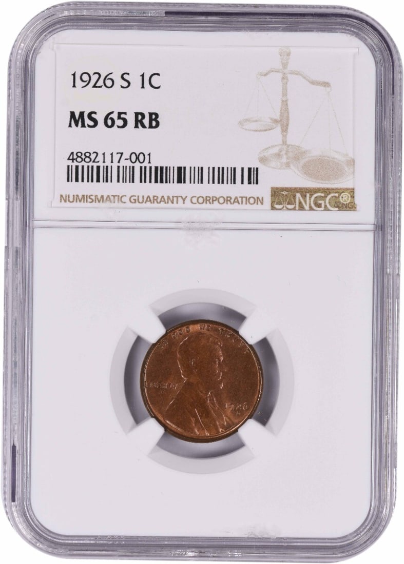 NGC 1926-S Lincoln Cent MS65RB: NGC 1926-S Lincoln Cent MS65RB Experience the iconic Lincoln Wheat centennial coin, minted in 1926 and graded MS65RB by PCGS, showcasing exceptional detail and luster. With its rich copper composition