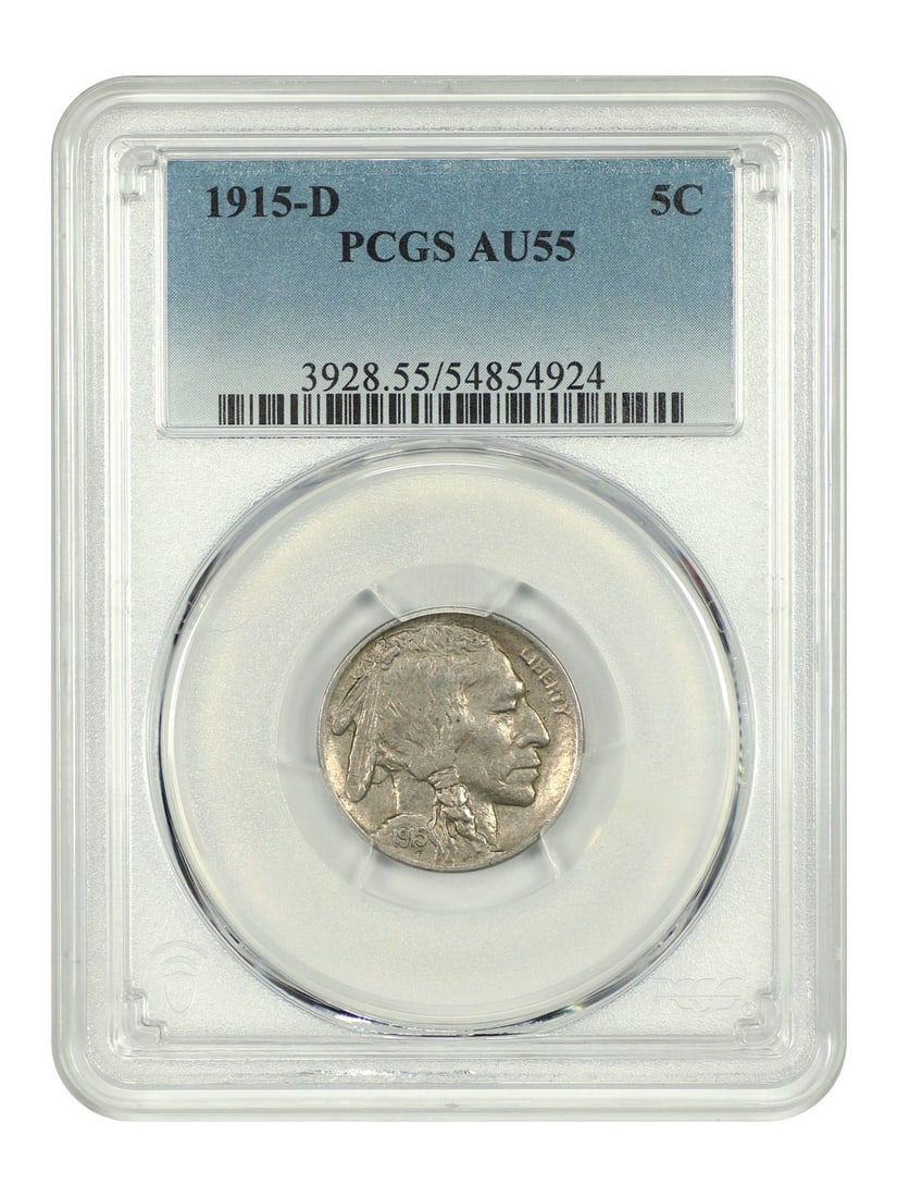 1915-D Buffalo Nickel PCGS AU55: 1915-D Buffalo Nickel PCGS AU55 Experience the charm of the early 20th century with this beautifully graded 1915-D Buffalo Nickel, certified by PCGS at AU55. As one of the most iconic designs in Ameri