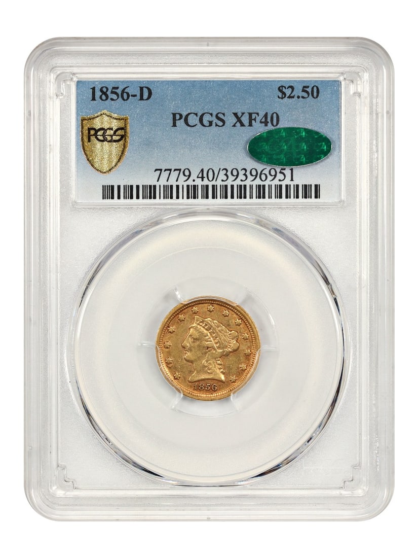 1856-D $2.50 Liberty Head, PCGS/ CAC XF40: 1856-D $2.50 Liberty Head, PCGS/ CAC XF40 A rare and highly sought-after 1856-D $2.50 Liberty Head gold coin, certified by PCGS as XF40. This circulated example boasts a striking design from the early