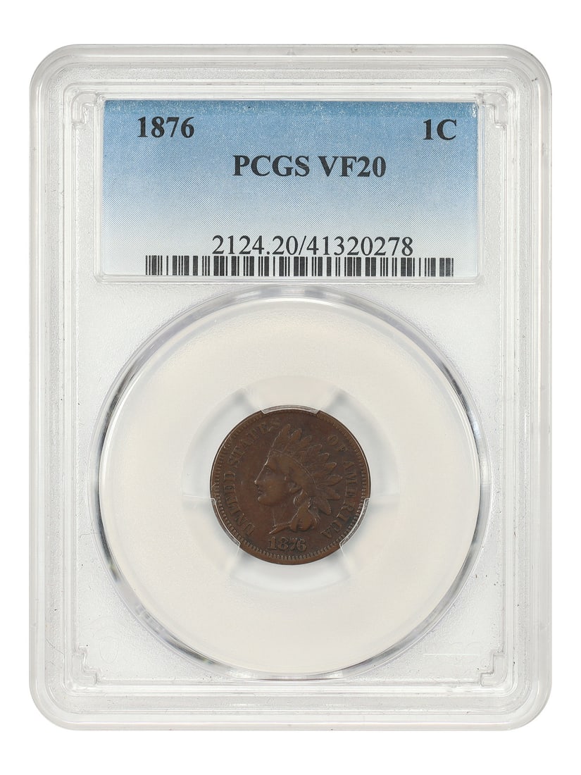 1876 1C PCGS VF20 - Indian Cent Better Date: 1876 1C PCGS VF20 - Indian Cent Better Date A rare and highly sought-after 1876 Indian Cent, graded VF20 by PCGS, boasts a striking design from the Better Date series. This circulated coin is a prized