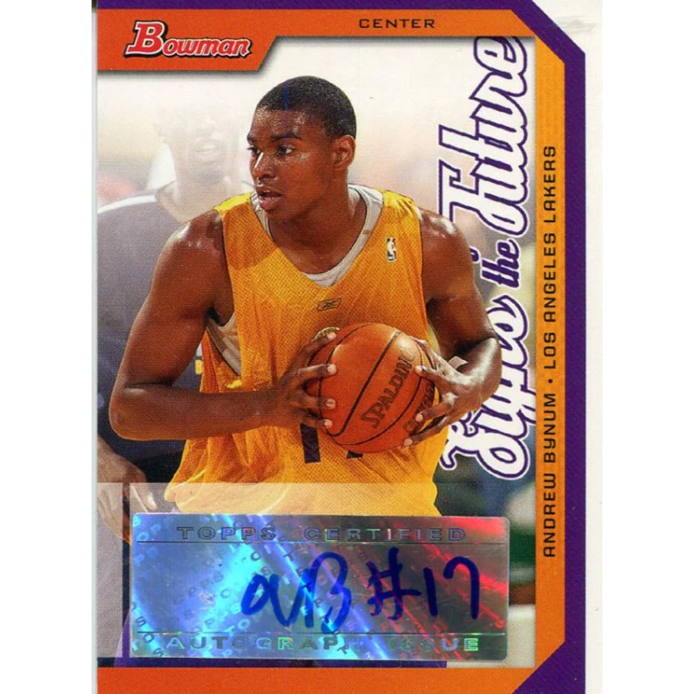 Card Andrew Bynum Autographed 2005 Bowman: Card Andrew Bynum Autographed 2005 Bowman Get ready to relive the early days of Andrew Bynum's NBA career with this autographed 2005 Bowman card, signed in blue pen by the legendary center himself. As