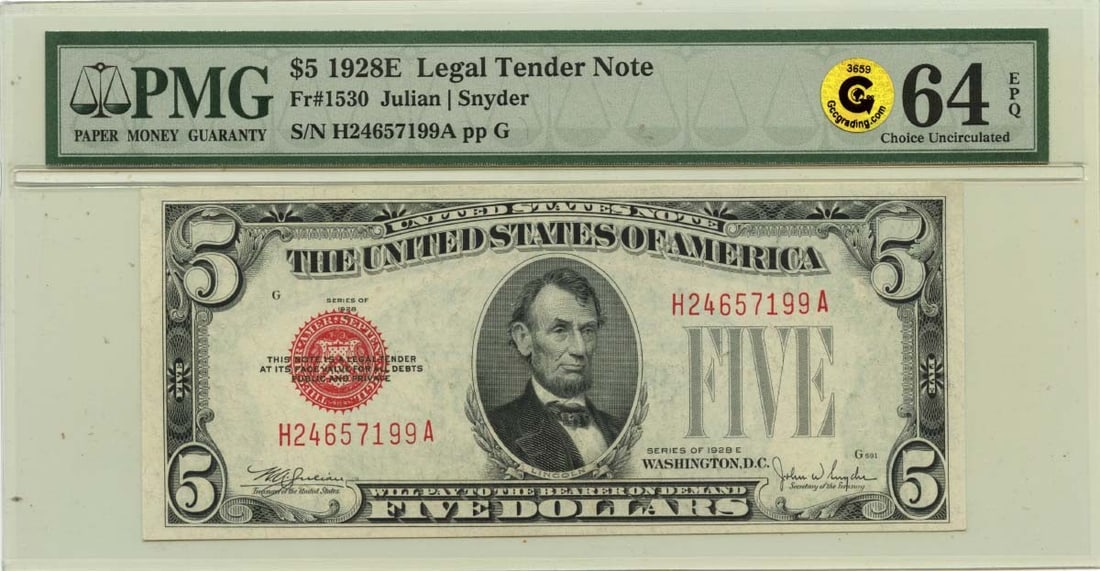 1928E $5 Legal Tender Note (FR#1530) - PMG CU64 EPQ GCC Gold: 1928E $5 Legal Tender Note (FR#1530) - PMG CU64 EPQ GCC Gold A rare and highly sought-after 1928 $5 gold certificate, graded MS64 by PMG, boasts the coveted EPQ (Extraordinary Paper Quality) designati
