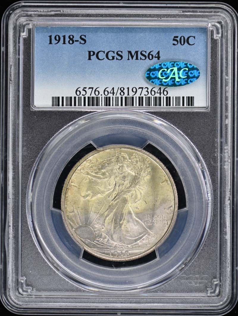 1918-S Walking Liberty Half Dollar PCGS MS64 (CAC): 1918-S Walking Liberty Half Dollar PCGS MS64 (CAC) A rare and highly sought-after 1918-S Walking Liberty Half Dollar, graded MS64 by PCGS, boasts stunning uncirculated condition with a coveted San Fra