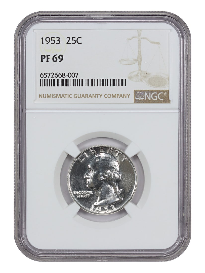 Washington Quarter - 1953 25C NGC PR69: Washington Quarter - 1953 25C NGC PR69 A highly sought-after addition to any collector's set, the 1953 Washington Quarter graded PR69 by NGC is a stunning example of early American coinage. With its c