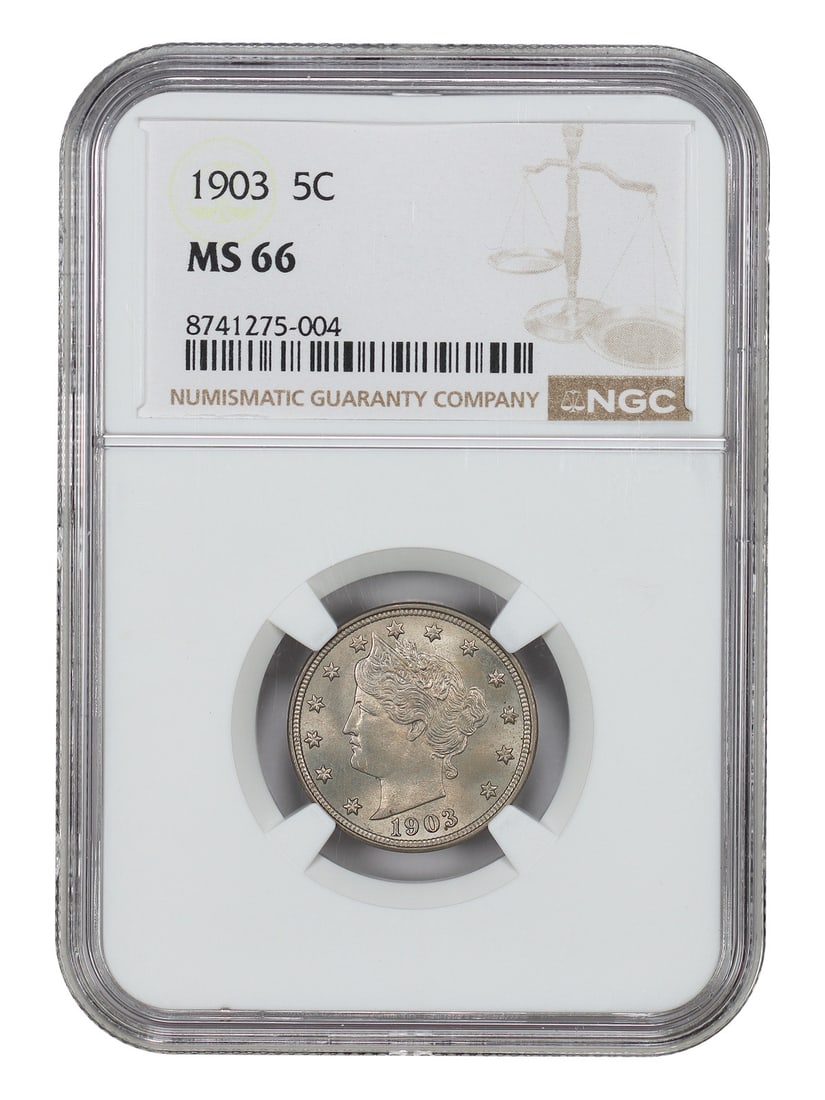 Liberty Nickel - 1903 5C NGC MS66: Liberty Nickel - 1903 5C NGC MS66 Experience the majesty of the 1903 Liberty Nickel, certified by the NGC as MS66, one of the finest circulated examples of this iconic coin. With its striking design
