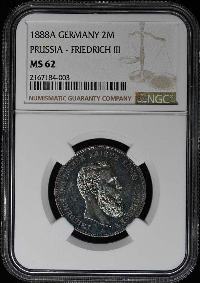MS62 1888A GERMANY PRUSSIA FRIEDRICH III Silver ZWEI Mark 2M NGC: MS62 1888A GERMANY PRUSSIA FRIEDRICH III Silver ZWEI Mark 2M NGC Experience the majesty of German Prussia with this stunning 1888A Silver Zwei Mark coin, graded MS62 by NGC. As one of the most iconic