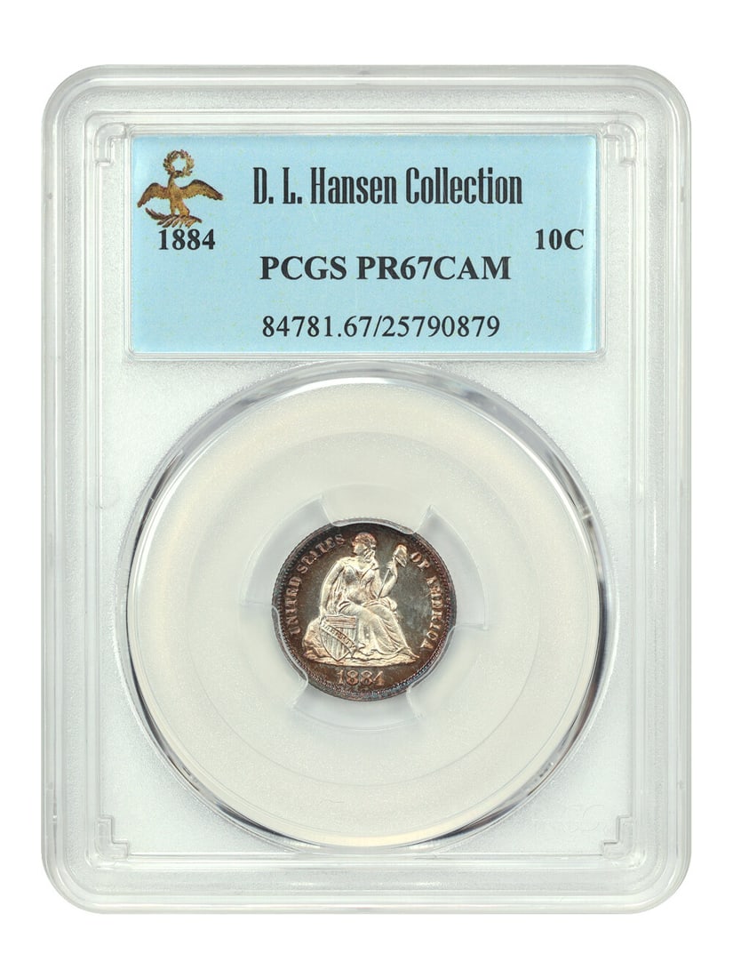 D.L. Hansen Ex: 1884 10C PCGS PR67CAM: D.L. Hansen Ex: 1884 10C PCGS PR67CAM Experience the beauty of American numismatics with this stunning 1884 Liberty Seated Dime, graded PR67CAM by PCGS. As one of the finest circulated examples of its