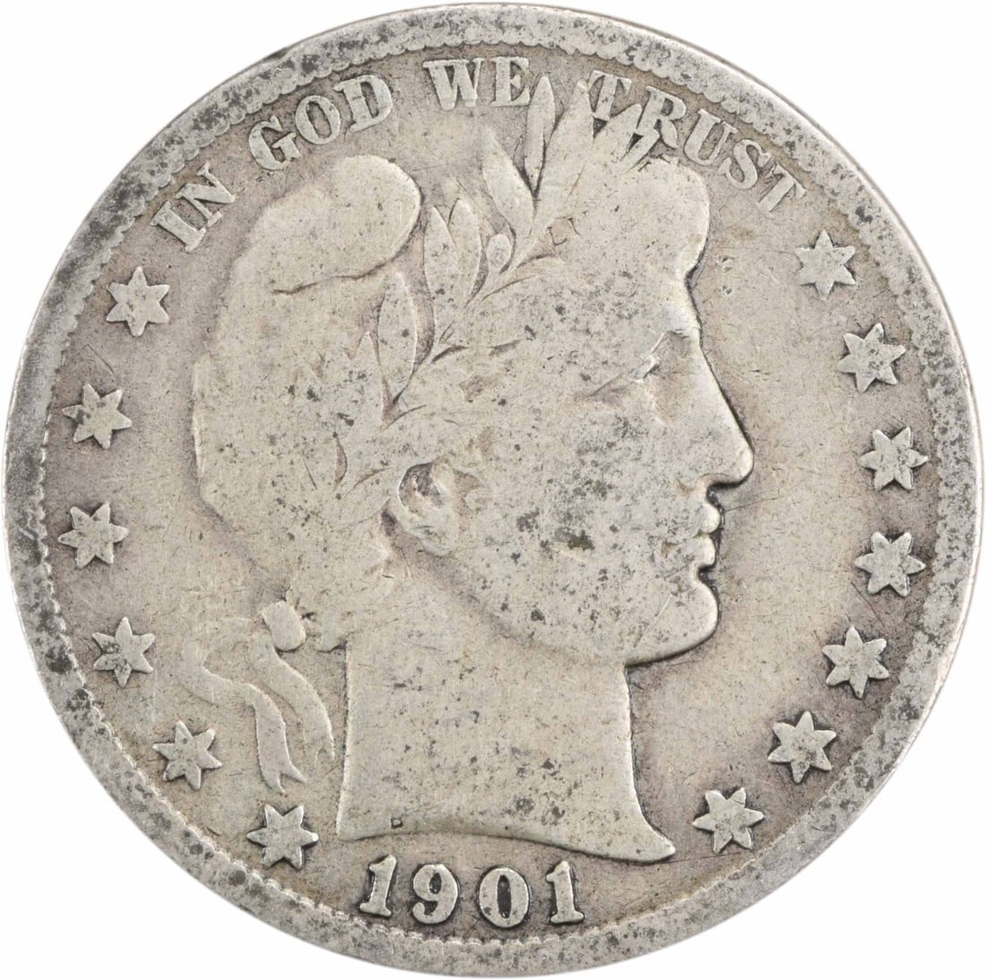 1901-S Barber Silver Half Dollar - VG Uncertified: 1901-S Barber Silver Half Dollar - VG Uncertified A rare and historic Barber Silver Half Dollar from 1901, certified as circulated and weighing in at 12.50 grams, this coin is a must-have for collecto
