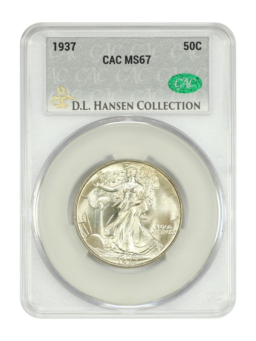 1937 Walking Liberty Half Dollar (CACG) MS67 Ex: D.L. Hansen: 1937 Walking Liberty Half Dollar (CACG) MS67 Ex: D.L. Hansen Experience the iconic design of the 1937 Walking Liberty Half Dollar, graded MS67 by CACG and certified as uncirculated. This highly