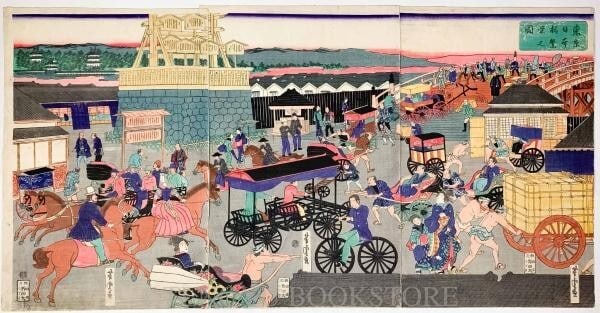 Triptych Utagawa Yoshitora Woodblock Prints Rickshaw Bridge Horse Watchtower: Triptych Utagawa Yoshitora Woodblock Prints Rickshaw Bridge Horse Watchtower Experience the beauty of traditional Japanese art with this stunning triptych woodblock print by Utagawa Yoshitora, created