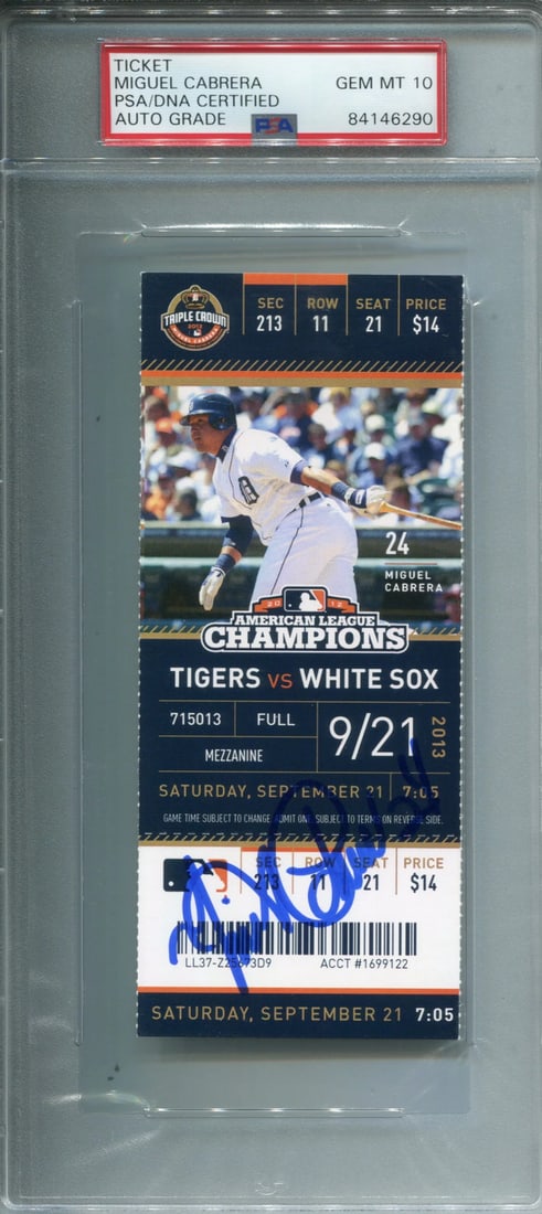 2013 Detroit Tigers Ticket (PSA 10) - Miguel Cabrera Autographed September 21: 2013 Detroit Tigers Ticket (PSA 10) - Miguel Cabrera Autographed September 21 Get ready to relive the magic of Comerica Park with this incredible 2013 Detroit Tigers ticket, authenticated by the prest