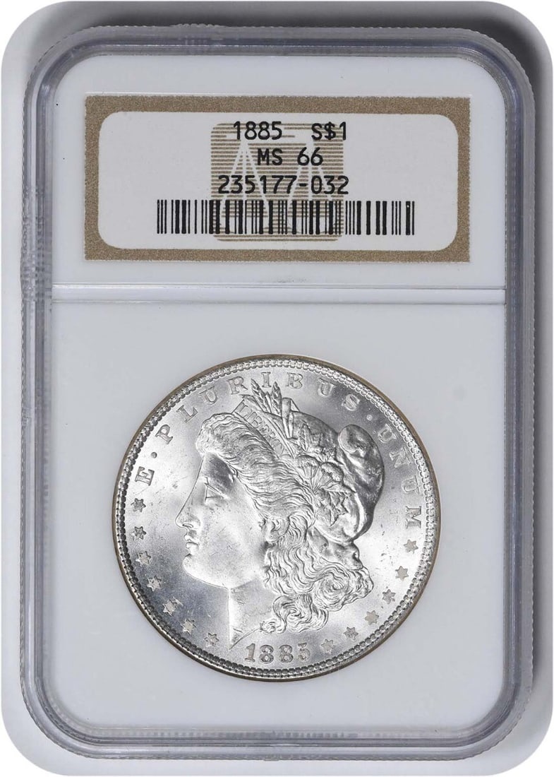 Morgan Silver Dollar (MS66) - 1885: Morgan Silver Dollar (MS66) - 1885 A rare and highly sought-after 1885 Morgan Silver Dollar, graded MS66 by the NGC, boasts stunning condition and impressive silver content, weighing in at 26.73 grams