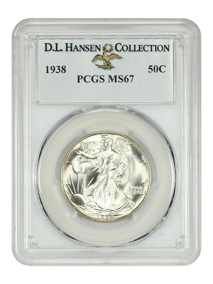 Walking Liberty Half Dollar (1938) MS67 PCGS, Ex. D.L. Hansen: Walking Liberty Half Dollar (1938) MS67 PCGS, Ex. D.L. Hansen A true numismatic treasure, this 1938 Walking Liberty Half Dollar is certified MS67 by PCGS and graded uncirculated, boasting exceptional