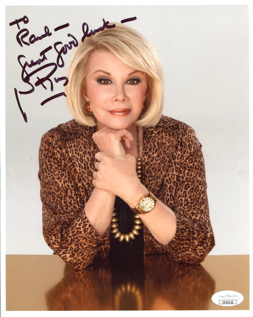 (JSA) Joan Rivers Autographed 8x10 Photo: (JSA) Joan Rivers Autographed 8x10 Photo Get ready to shine with the iconic Joan Rivers, captured in a stunning 8x10 photo signed in black sharpie by the legendary comedian herself. Authenticated by J
