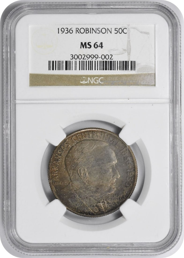 64 1936 Robinson Commemorative Half MS64 NGC Mint State: 64 1936 Robinson Commemorative Half MS64 NGC Mint State Experience the beauty of American history with this 1936 Robinson Commemorative Half Dollar, graded MS64 by the NGC and certified as uncirculate
