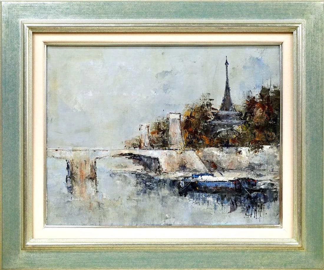 Claude Farcy - Signed Seine Landscape Oil on Canvas Artwork Framed: Claude Farcy - Signed Seine Landscape Oil on Canvas Artwork Framed Experience the serene beauty of Claude Farcy's Seine landscape, captured in exquisite oil on canvas detail. This stunning piece, sign