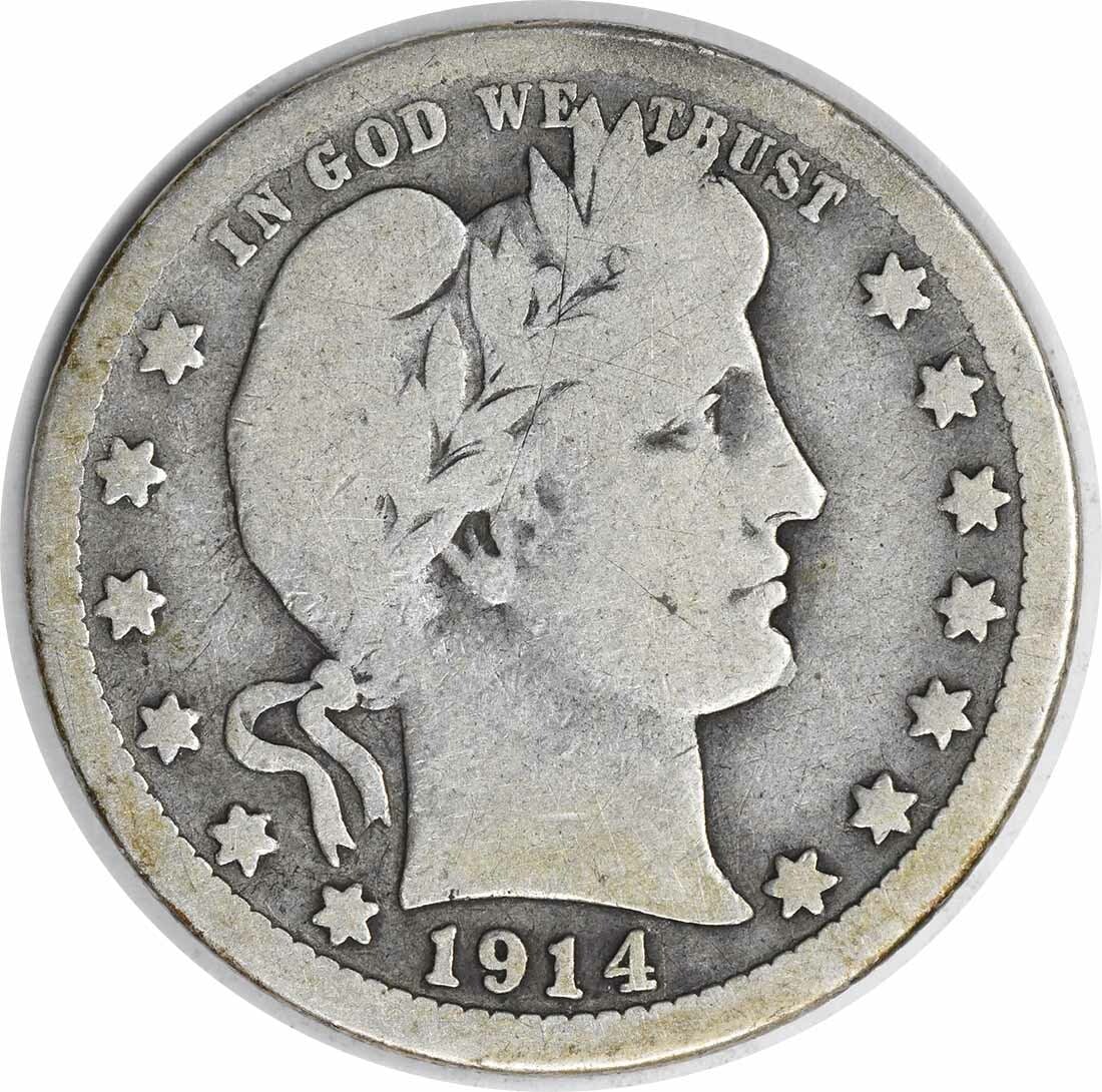 Uncertified 1914-S Barber Silver Quarter VG: Uncertified 1914-S Barber Silver Quarter VG A rare and beautiful piece of American history, this 1914-S Barber Silver Quarter is a true collector's gem. With its VG grade and circulated condition, it