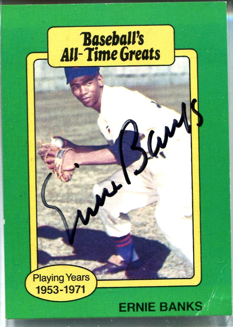 (JSA) Ernie Banks Autographed Card: (JSA) Ernie Banks Autographed Card Meet the iconic Ernie Banks, legendary shortstop and Hall of Famer, in this rare and authentic autographed card. Certified by the JSA, this piece of baseball history