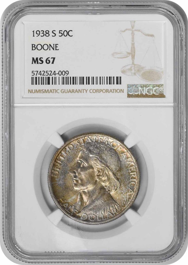 Boone Commemorative Silver Half Dollar (1938-S) MS67 NGC: Boone Commemorative Silver Half Dollar (1938-S) MS67 NGC Experience the beauty of American numismatics with this stunning 1938-S Commemorative Silver Half Dollar, graded MS67 by NGC. With its burnishe