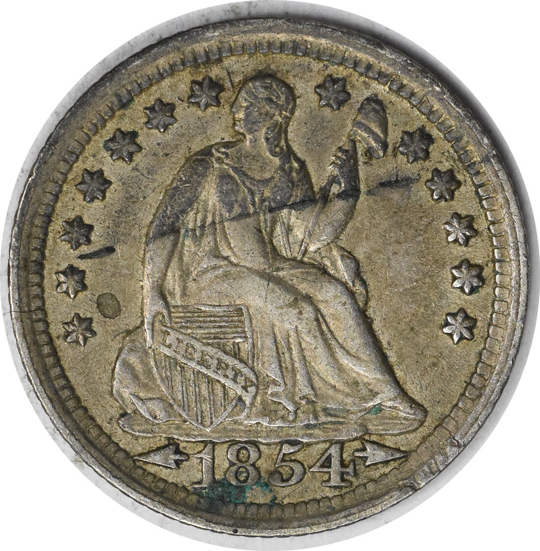 1854 Liberty Seated Silver Half Dime with Arrows - AU Uncertified: 1854 Liberty Seated Silver Half Dime with Arrows - AU Uncertified Experience the elegance of 19th-century American numismatics with this stunning 1854 Liberty Seated Silver Half Dime, featuring Christ