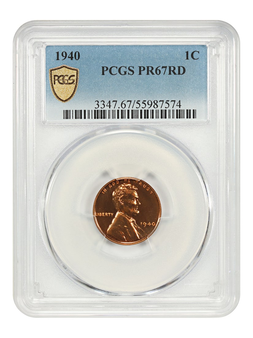 1940 1C PCGS PR67RD Wheat Reverse Lincoln Cent in Lovely Red Proof: 1940 1C PCGS PR67RD Wheat Reverse Lincoln Cent in Lovely Red Proof Experience the rare beauty of a 1940 Lincoln Cent in stunning condition, graded PR67RD by PCGS. This lovely red proof specimen boasts