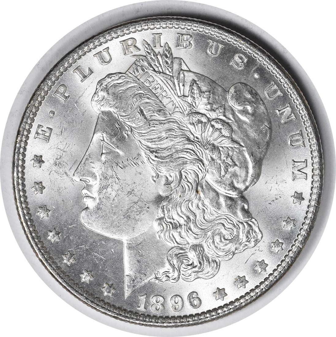 Uncertified 1896 VAM 19 Morgan Silver Dollar 8 In Denticle Choice BU: Uncertified 1896 VAM 19 Morgan Silver Dollar 8 In Denticle Choice BU A rare and highly sought-after 1896 Morgan Silver Dollar, graded Choice BU with an impressive 8-point denticle, making it a standou
