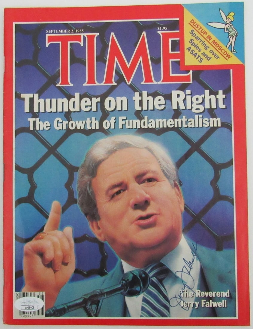 159870 Jerry Falwell Pastor Signed/ Auto Liberty Univ 1985 TIME Magazine JSA: 159870 Jerry Falwell Pastor Signed/ Auto Liberty Univ 1985 TIME Magazine JSA Meet the rare and significant Jerry Falwell Pastor Signed Liberty Univ 1985 TIME Magazine, authenticated by JSA. This origi