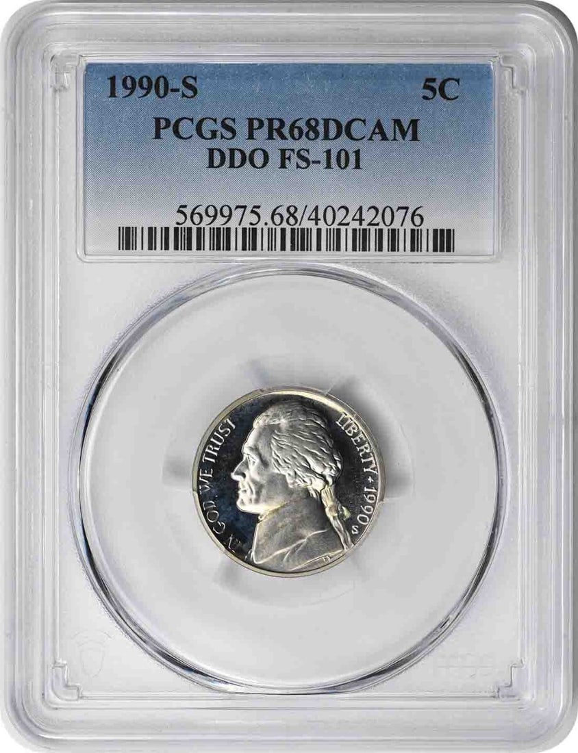 1990-S Jefferson Nickel FS-101 PR68DCAM PCGS: 1990-S Jefferson Nickel FS-101 PR68DCAM PCGS Experience the beauty of American numismatics with this stunning 1990-S Jefferson Nickel, certified by PCGS as PR68DCAM. With its exceptional grade and str