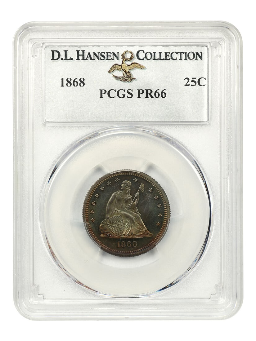 D.L. Hansen Ex: 1868 25c PCGS Proof 66: D.L. Hansen Ex: 1868 25c PCGS Proof 66 A stunning example of American numismatics, this 1868 Twenty-Cent Quarter is certified by PCGS as a Proof 66, showcasing exceptional strike quality and detail. A