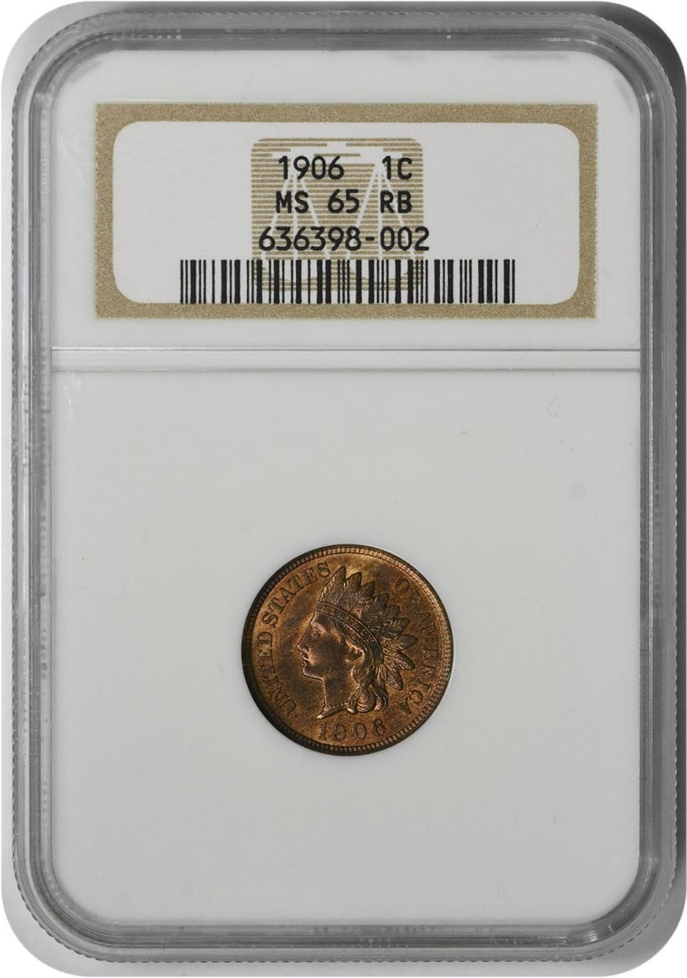NGC MS65RB 1906 Indian Cent: NGC MS65RB 1906 Indian Cent Experience the beauty of America's early 20th century with this stunning NGC MS65RB 1906 Indian Cent, featuring the iconic Indian Head design and a rich copper patina that