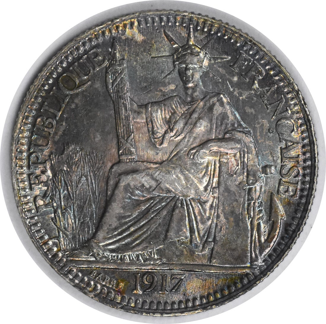 Uncertified 1917 French Indo-China 10 Cents KM9 Choice BU: Uncertified 1917 French Indo-China 10 Cents KM9 Choice BU Experience the rich history of French Indo-China with this beautifully preserved 1917 10 cent coin, graded Uncirculated and boasting a Choice