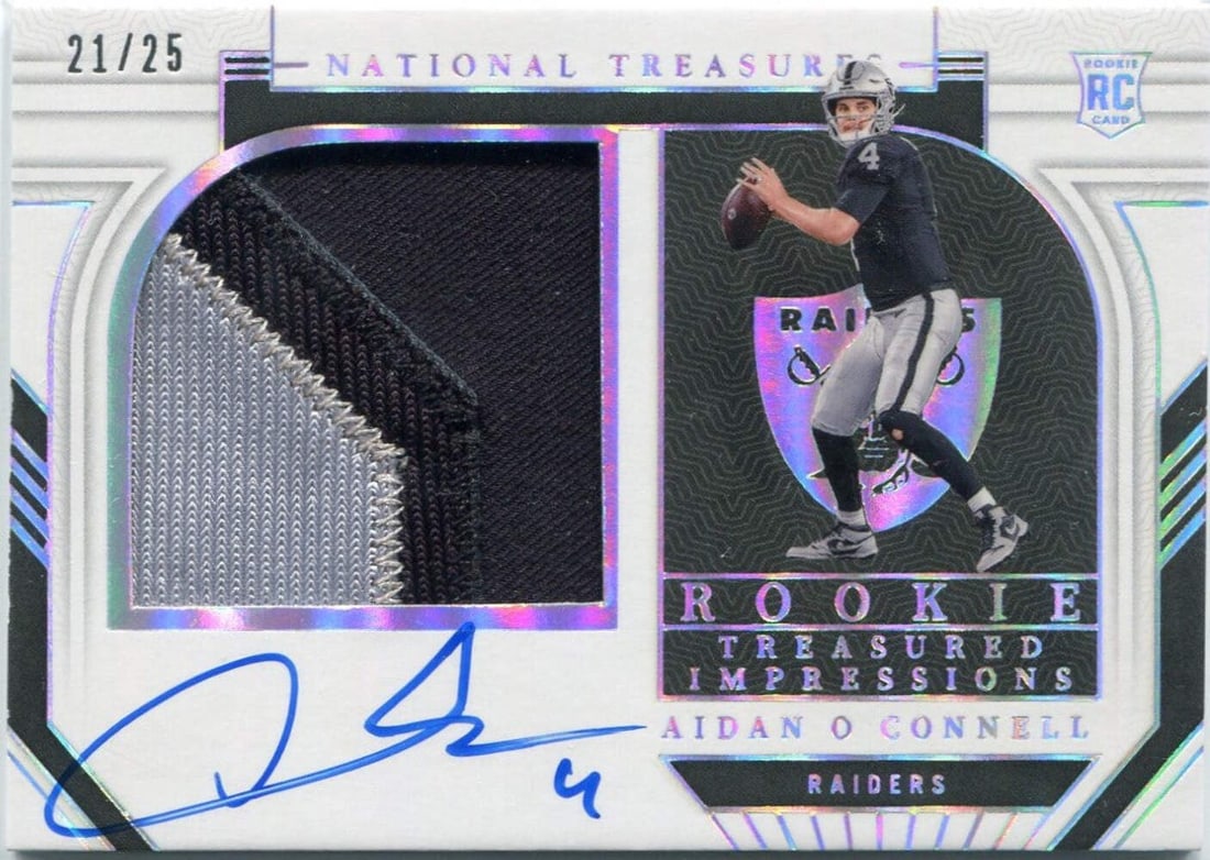 #TI Aidan O'Connell 2023 Panini National Treasures 2 Color Patch/ Autographed RC: #TI Aidan O'Connell 2023 Panini National Treasures 2 Color Patch/ Autographed RC Get ready to collect with the elite! This 2023 Panini National Treasures autographed RC, featuring Aidan O'Connell in h