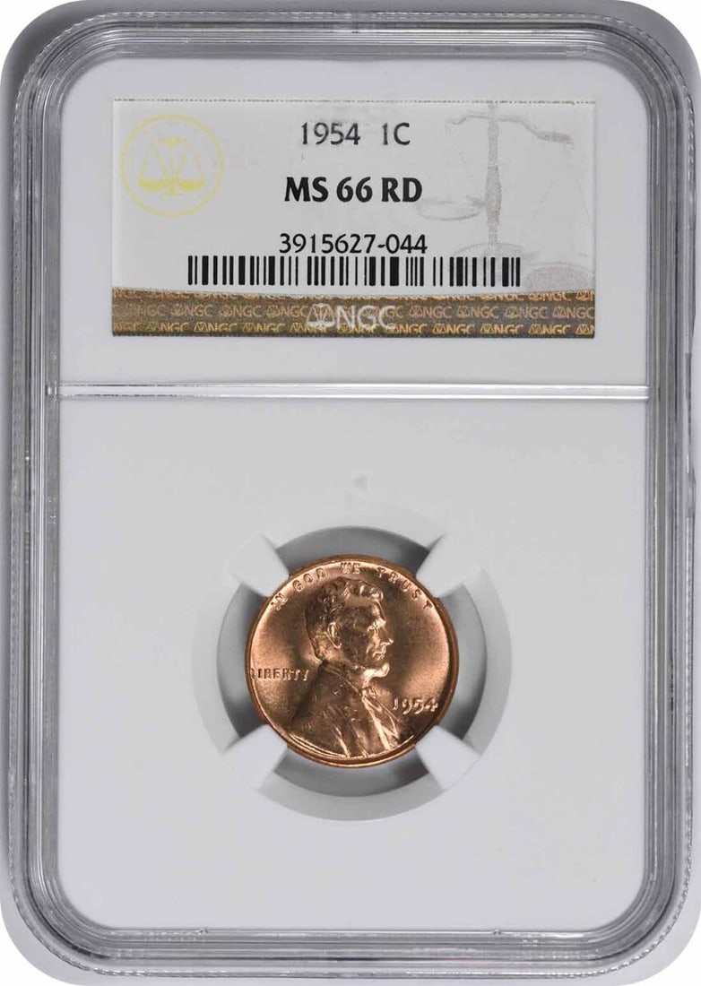 NGC 1954 Lincoln Cent MS66RD: NGC 1954 Lincoln Cent MS66RD Experience the iconic Lincoln Wheat centennial coin, minted in 1954 to commemorate the 100th anniversary of Abraham Lincoln's birth. This stunning MS66RD specimen boasts e