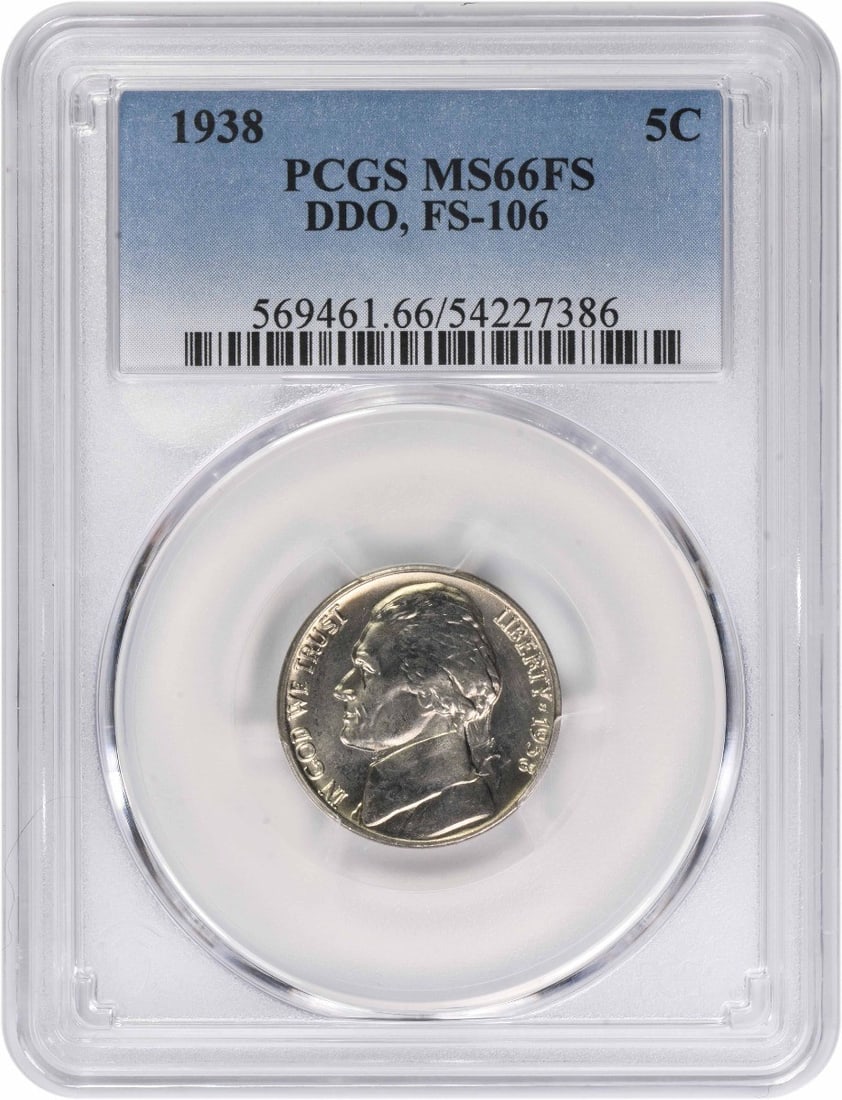 PCGS 1938 Jefferson Nickel DDO FS-106 MS66FS: PCGS 1938 Jefferson Nickel DDO FS-106 MS66FS A rare and highly sought-after Jefferson Nickel from 1938, graded MS66 by PCGS, boasts stunning circulated condition with a unique FS-106 designation. With