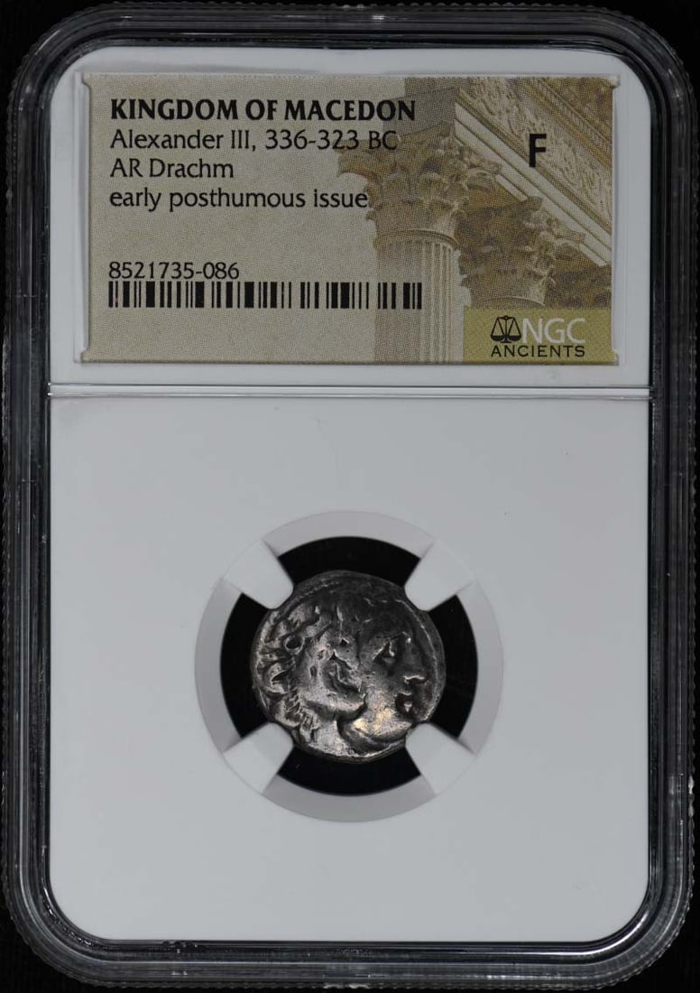 336-323 BC KINGDOM OF MACEDON AR Drachm NGC F - Alexander III: 336-323 BC KINGDOM OF MACEDON AR Drachm NGC F - Alexander III Experience the rich history of ancient Greece with this stunning 336-323 BC Macedonian Ar Drachm, certified by NGC and graded F. Struck du