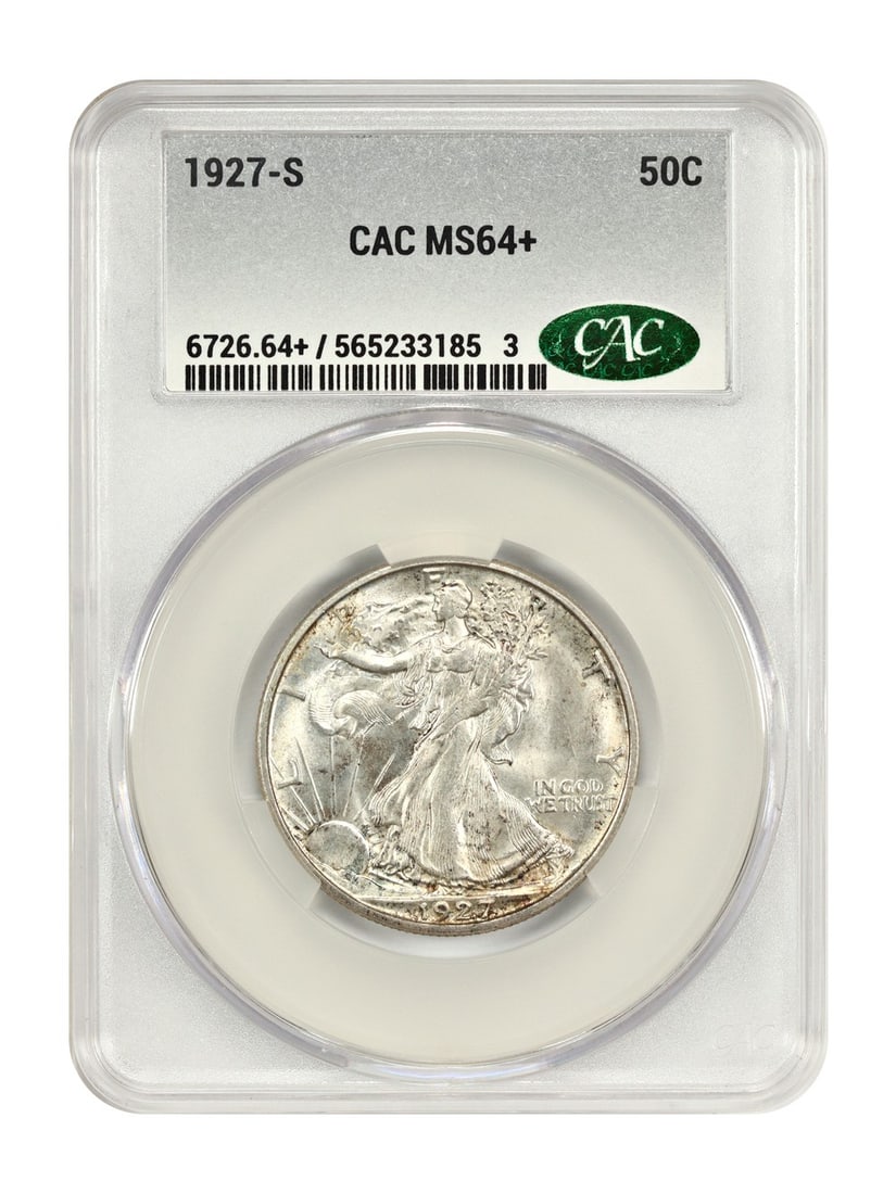 1927-S 50C CACG MS64+ - Walking Liberty Half Dollar Scarce Early Walker: 1927-S 50C CACG MS64+ - Walking Liberty Half Dollar Scarce Early Walker Rarity seekers, take note! This 1927-S Walking Liberty Half Dollar is a scarce gem, with only a few examples graded MS64+ by CAC