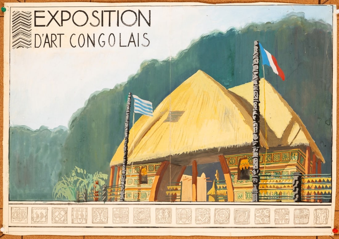 Period Exposition Dart Congolais 195859 Gouache Maquette Congo Liberation: Period Exposition Dart Congolais 195859 Gouache Maquette Congo Liberation A rare and vibrant original gouache maquette from 1958, this piece showcases the artistic expression of African liberation thr