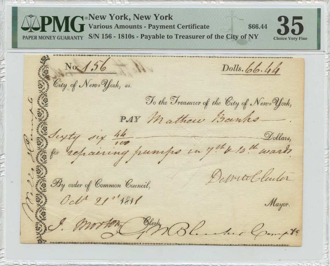 New York 1811 Payment Certificate - $66.44 - PMG VF35: New York 1811 Payment Certificate - $66.44 - PMG VF35 Own a piece of American financial history with this rare 1811 Payment Certificate, graded VF35 by PMG and certified as circulated. Issued during t