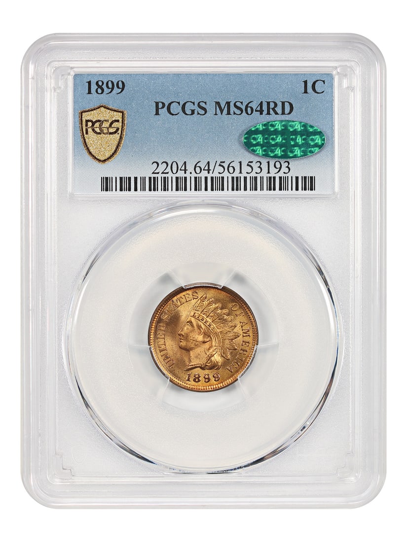 1899 1C PCGS/ CAC MS64RD - Indian Cent Desirable in Red: 1899 1C PCGS/ CAC MS64RD - Indian Cent Desirable in Red A rare and beautiful example of the 1899 Indian Cent, graded MS64RD by PCGS/CAC, boasts stunning red patina that sets it apart from other circul