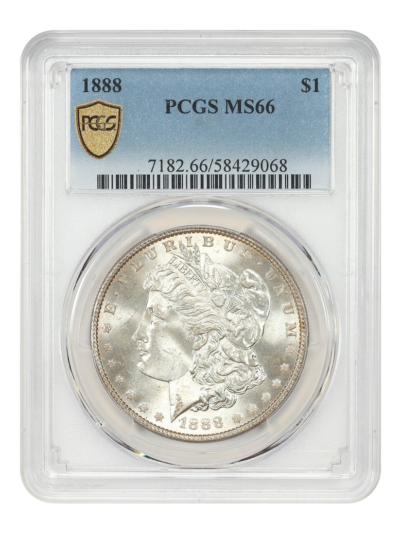 Morgan Dollar MS66 PCGS $1 1888: Morgan Dollar MS66 PCGS $1 1888 A rare and highly sought-after 1888 Morgan Dollar, graded MS66 by PCGS, boasts exceptional condition with minimal signs of wear. Certified as uncirculated, this coin is